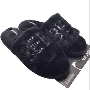Bebe Women’s Black Rhinestone Faux Fur Memory Foam Indoor/Outdoor Slippers